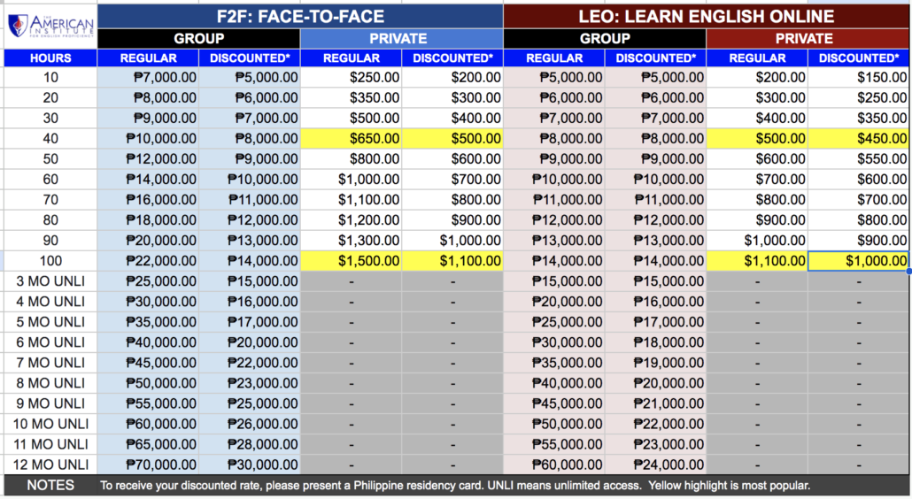 AIEPRO TUITION FEE RATE SHEET